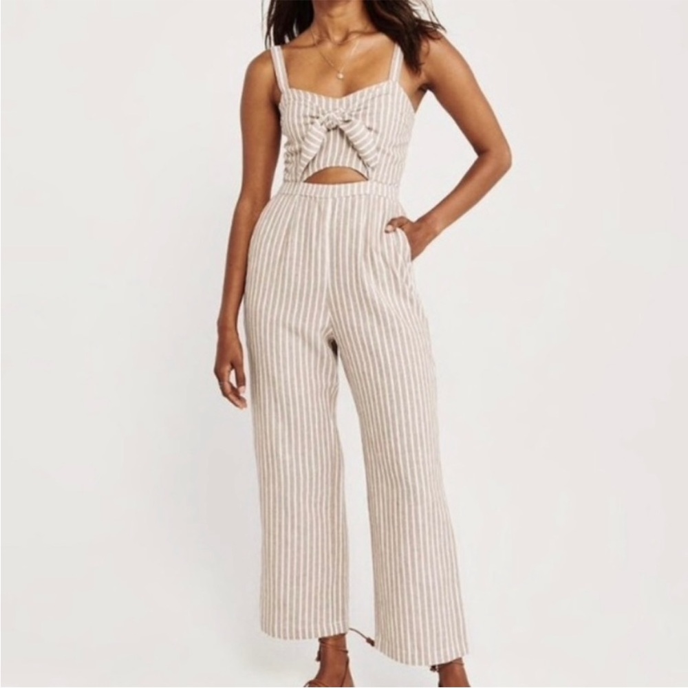 Abercrombie & Fitch Tan/White Stripe Tie Front Linen Blend Jumpsuit SZ XS EUC